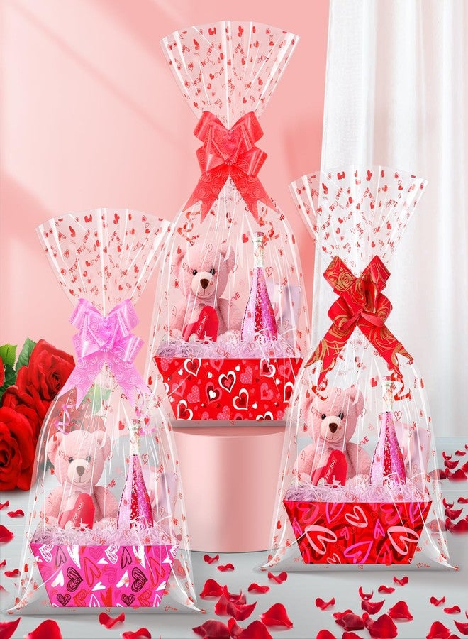 Hallswl 12 Set Valentines Day Empty Gifts Baskets with Cellophane Basket Bags and Bows Ribbons,Red Pink Heart Market Tray Cardboard Gift Basket Bulk Empty To Fill For Valentine's Day Birthday Wedding Decor - Image 4